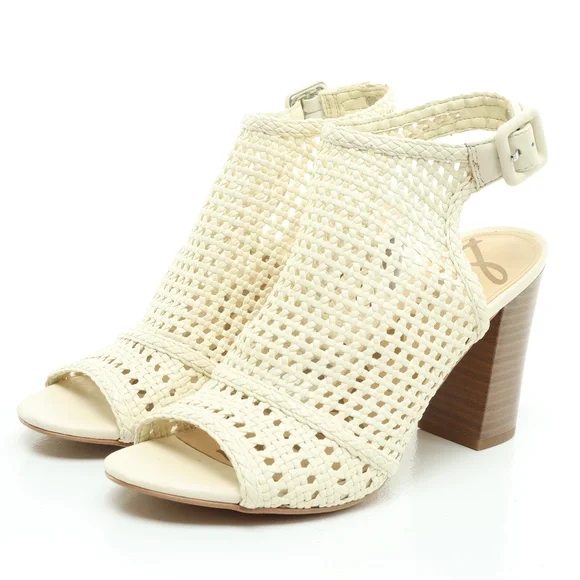 Sam Edelman Evie Basket Weave Heeled Leather Sandals Women 7 Off White/Brown - Picture 6 of 16
